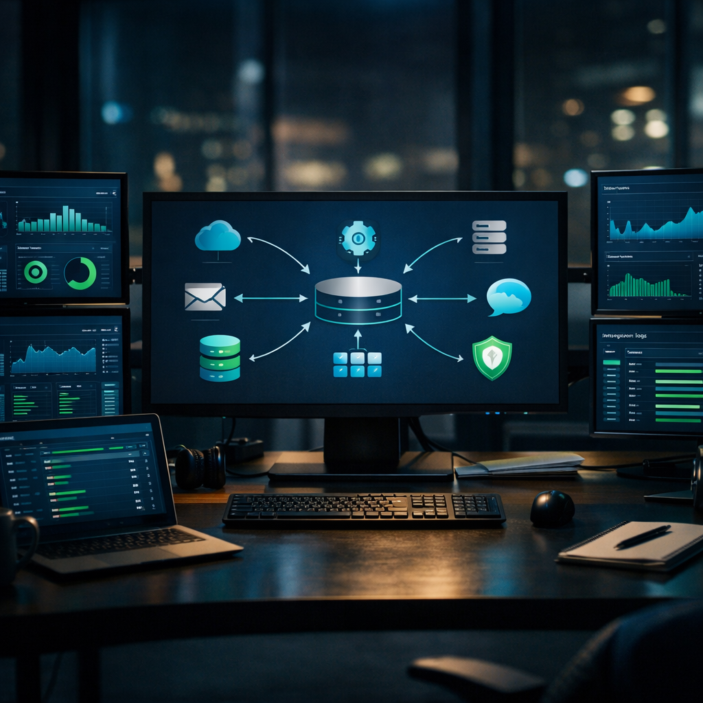 Hub de integrações conectando serviços essenciais de um produto com IA